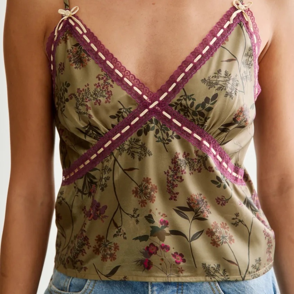 Nasty Gal Satin Floral Ribbon Lace Trim Cami Top